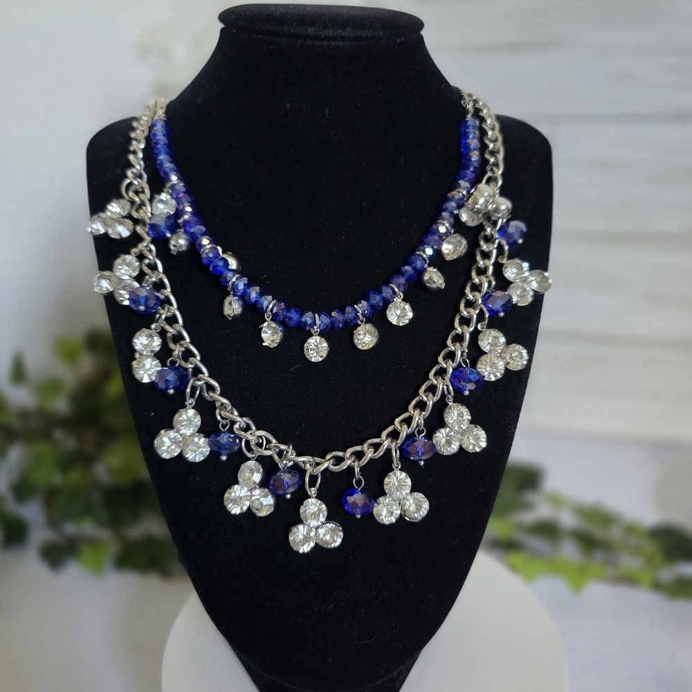 Silver Double Strand Necklace AB Blue Faceted and Clear Crystals
